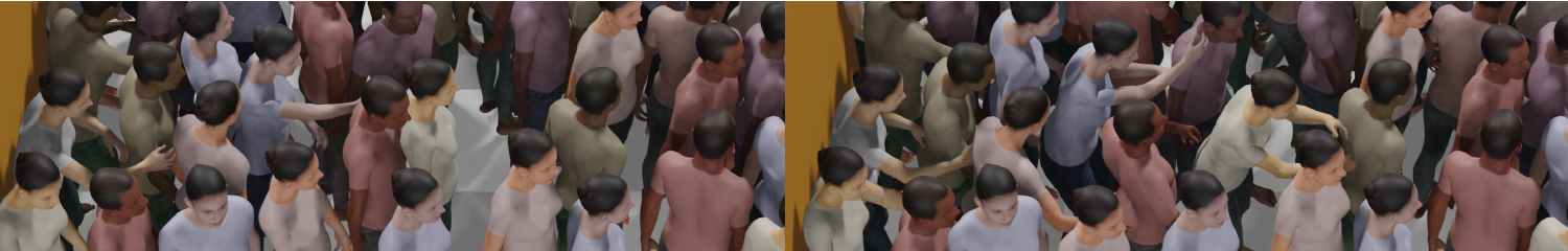 Agents stepping and making contact to recover balance as a push propagates through a dense crowd